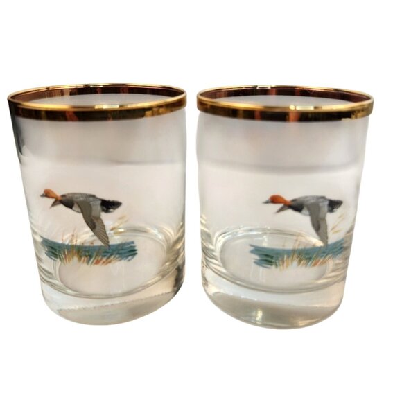 Culver Ned Smith 22k Gold Rim Duck Waterfowl Double Old-Fashioned Glasses Set Of - Picture 13 of 16